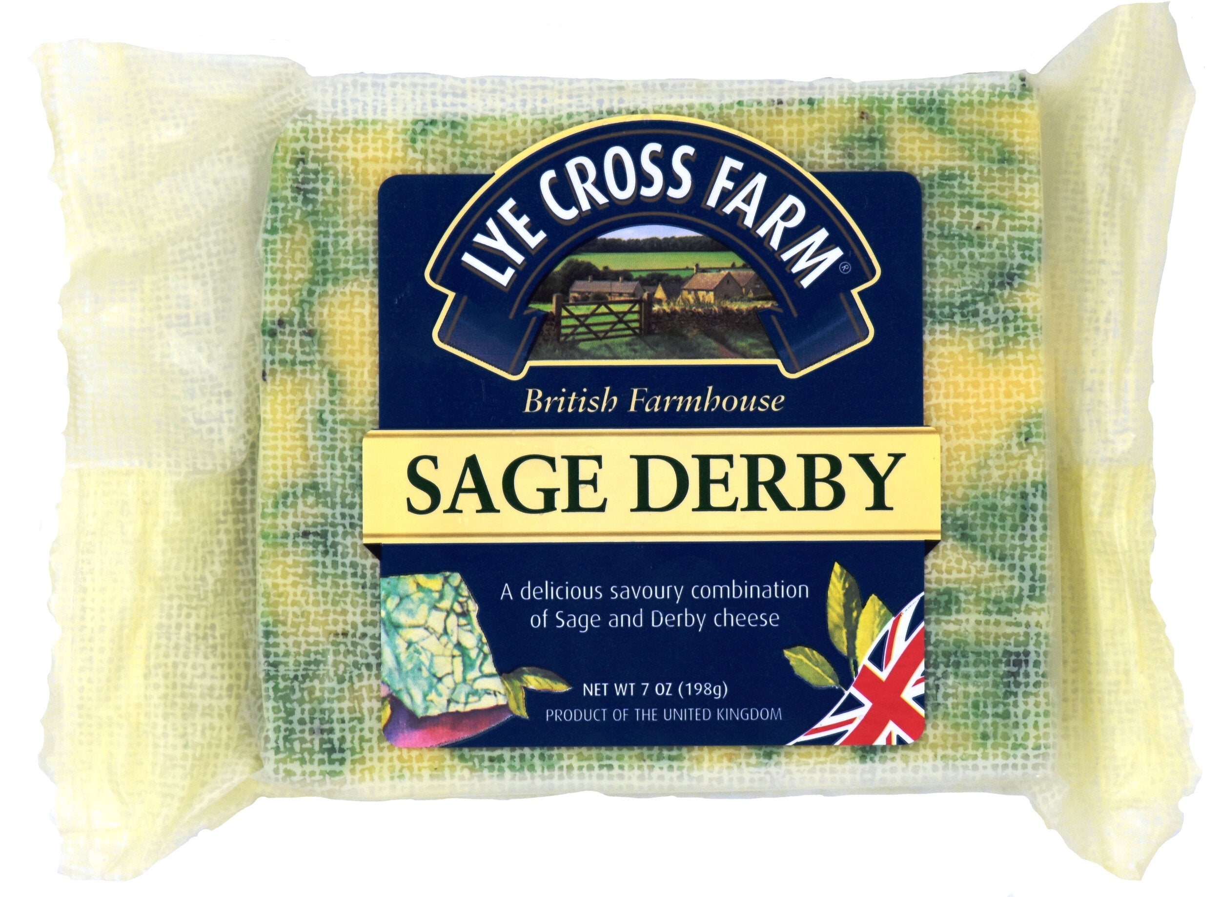 InterCheese | Meadow Sage Derby Cheese Marbled With Sage Truckle Hamper Gift With Oatcakes Presented In A Black Sack With Wood Wool